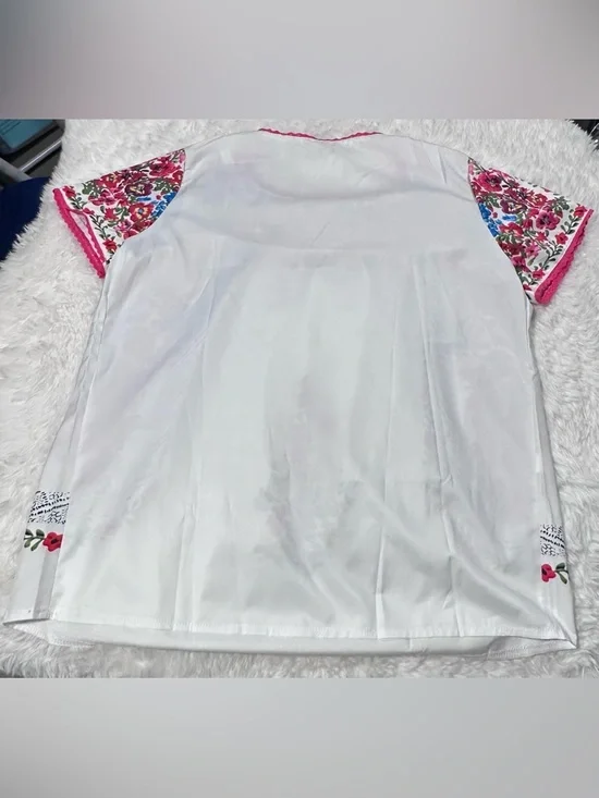 White Floral Embroidered Print Peasant Blouse with Pink & Red Flowers - Picture 2 of 3
